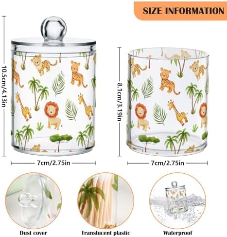 Safari Animals Qtip Holder 2 Pack - 10 Oz Clear Plastic Apothecary Jar Set for Bathroom Organization - Versatile Canister Storage for Cotton Balls, Swabs, Rounds
