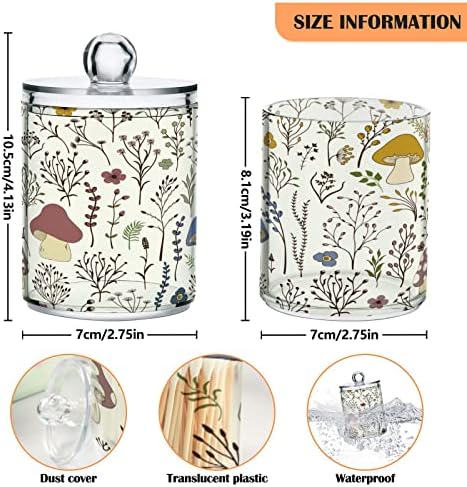 2 Pack Mushroom Qtip Holder Dispenser with Lid 14 oz Clear Plastic Apothecary Jar Set for Bathroom Vanity Organizers Storage Containers