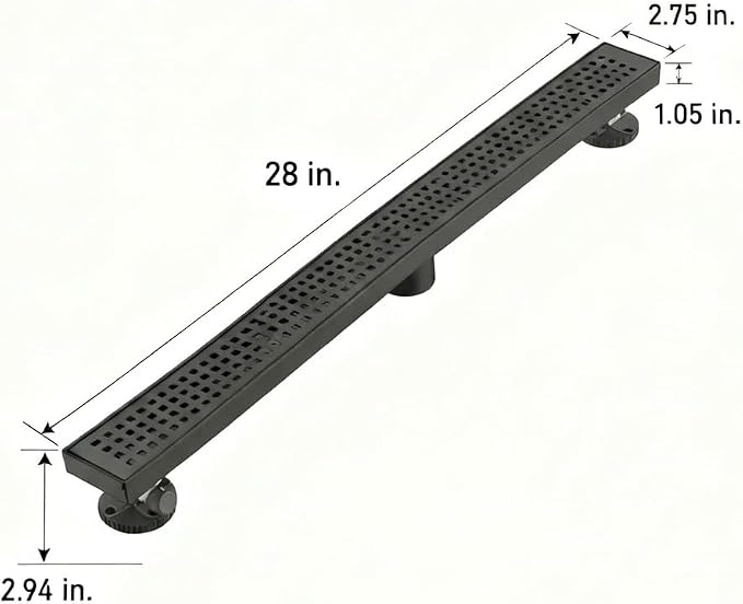 AVSIILE Linear Shower Floor Drain, Matte Black 28 Inch 304 Stainless Steel Bathroom Drains Kit, Long Rectangular Shower Trench Drain with Square Pattern Drain Cover & Hair Catcher