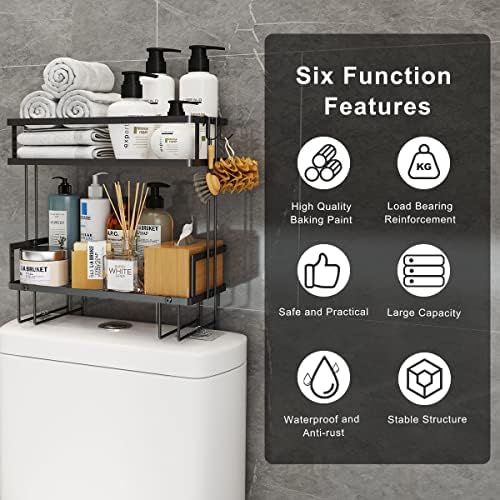 FLOLXNB Over The Toilet Storage Shelf, 2-Tier Bathroom Storage Organizer Upgrade Punch-Free Toliet Storage Shelf, Home Storage Rack with Hooks Shelf,Black
