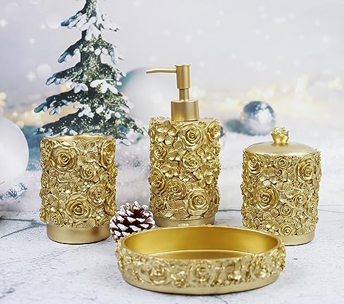 Hymmah Gold Bathroom Accessories Set,Rose Design Bathroom Set,Farmhouse Bathroom Decor,4 Pcs Resin Gift Set Apartment Necessities, Contain Cotton Swab Jar,Soap Dispenser,Soap Dish,Tumbler White
