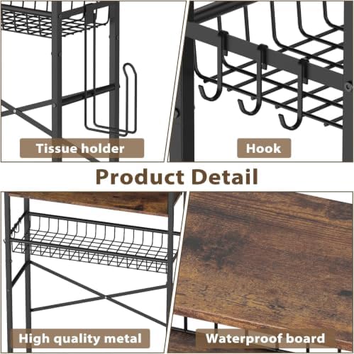 Over The Toilet Storage Shelf, 4-Tier Adjustable Bathroom Organizer with Toilet Paper Holder & Hooks, Metal Space Saver Rack Above Toilet for Bathroom, Kitchen, Black