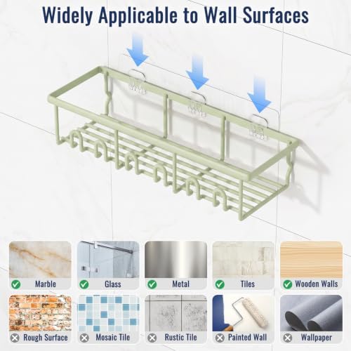 8 Pack Adhesive Rustproof Shower Caddy with Soap Dishes, Toothbrush Holder & Hooks, Large Capacity No-Drilling Shower Shelves Rack for Bathroom Organizers and Storage Accessories, Green