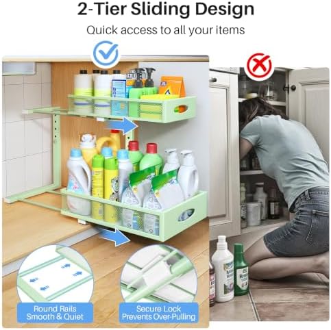 Under Sink Organizer, 2 Tier Pull Out Under Cabinet Organizer Shelf with Pad for Framed Cabinets, Metal Slide Out Under Sink Storage, Mesh Sliding Drawers for Kitchen Bathroom Laundry(Green, 1 Pack)