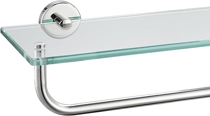 JQK Bathroom Glass Shelf Polished Chome, Shelf with 19 Inch Towel Bar Tempered Glass Shower Storage 20 by 5 inches, 304 Stainless Steel Silver Finish Wall Mount, TGS100L20-CH