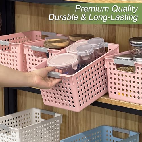Soddeph 4 Pack Plastic Storage Basket with Handles, Small Deep Organizer Bin with Hollow Design for Under Counter, Shelf, Closet, Kitchen or Bathroom (Pink, Small)