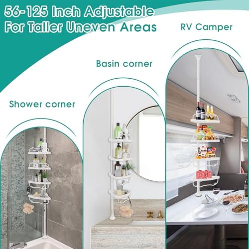 Corner Shower Caddy:125" Adjustable Inside Tension Shower Organizer Tension Pole,Rustproof Bathroom Organizer Shelves for Bathtub Shampoo Conditioner Storage,Floor to Ceiling Standing Showering Rack