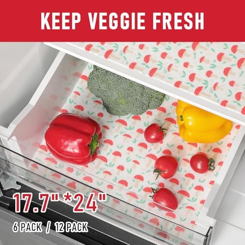 Cooyes 6 Pack Cloth Shelf Liners for Kitchen Cabinets, 17.7" × 24", Non-Slip Refrigerator Liners Machine Washable, Freezer Drawer Mats for Glass Shelves and Kitchen Cabinets, (Red Mushroom)