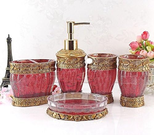 AMSS 5 Piece Stunning Bathroom Accessories Set in Crystal Like Resin Tumbler Dispenser Soap Dish Cups (Red B)