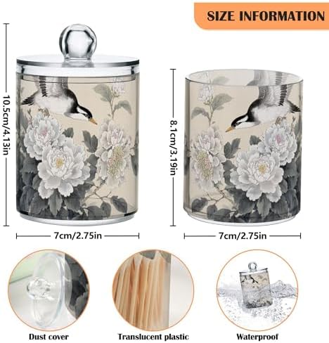 MNSRUU 4 Pack Qtip Holder Organizer Dispenser Retro Ink Peony Wild Goose Bathroom Storage Canister Cotton Ball Holder Bathroom Containers for Cotton Swabs/Pads/Floss