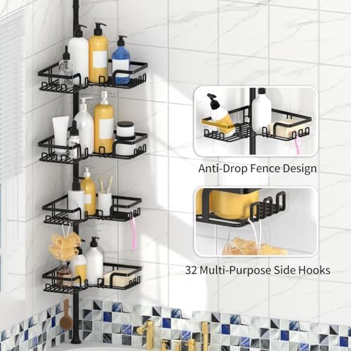 KEGII Shower Caddy Corner Tension Pole, Bathroom Organizer, 4-Tier Black