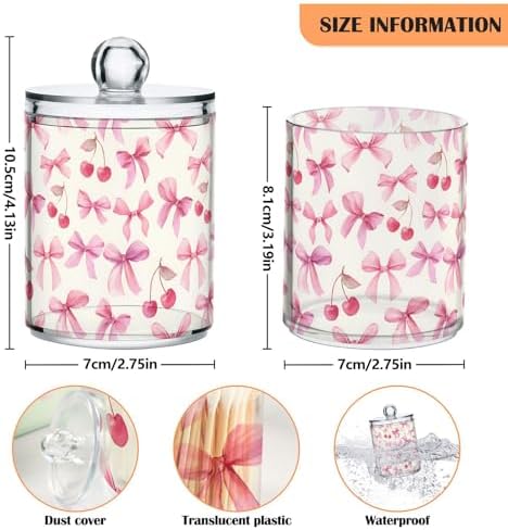 ALAZA 2pcs Watercolor Bow Cherry Qtip Holder Dispenser 14 oz Bathroom Storage Clear Apothecary Jars Containers Cotton Ball,Cotton Rounds,Floss Picks, Hair Clips, Food