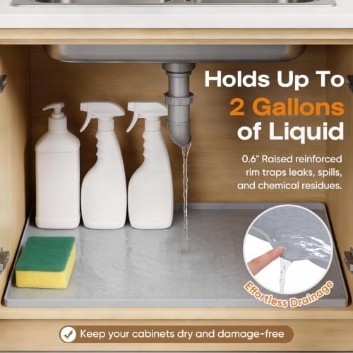 TRZZ Waterproof Under Sink Mat, 28"x19", Drip Tray Shelf Liner, Beige