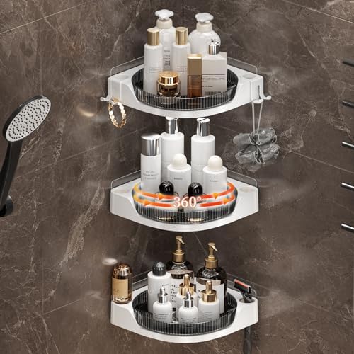 akinbas Corner Shower 3 Tier Caddy Lazy Susan Organizer 360 Rotating Corner Shelf Wall Mounted with No Drilling Shelves for Bathroom Dorm and Kitchen (Black)…