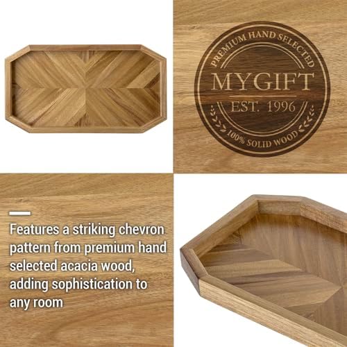 MyGift 15.7 Inch Chevron Design Premium Solid Acacia Wood Octagonal Decorative Vanity Tray – Elegant Serving Tray, Stylish Home Décor for Bathroom, Bedroom & Living Room