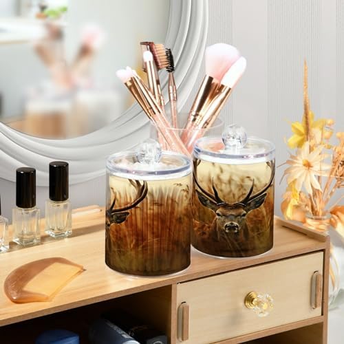 4 Pack Apothecary Jars Bathroom Antler Deer Qtip Holder Dispenser Clear Plastic Storage Canister Jar with Lid for Cotton Ball, Cotton Swab