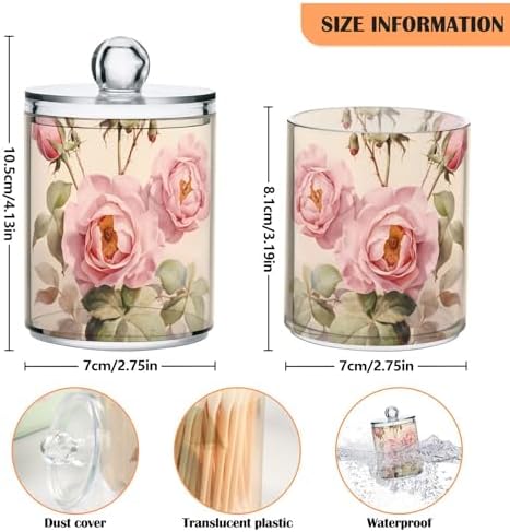 MNSRUU 4 Pack Qtip Holder Organizer Dispenser Floral Rose Pink Bathroom Storage Canister Cotton Ball Holder Bathroom Containers for Cotton Swabs/Pads/Floss