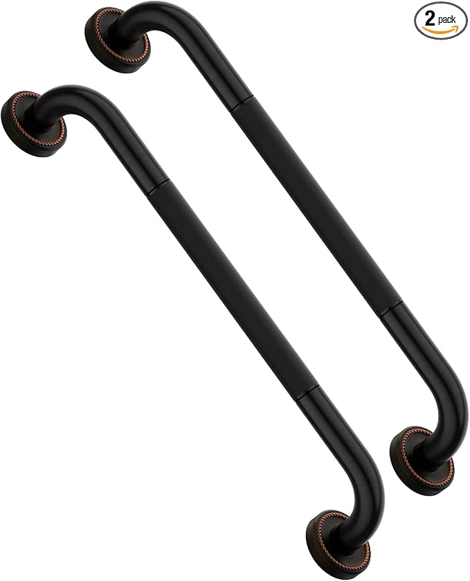 2 Pack 20 Inch Bronze Shower Grab Bar Matte Black, Munzong Antique Brass Bathroom Grab Bar w/Anti-Slip Knurled Grip, Bathroom Balance Bar, Safety Handrail Support, Injury Elderly Senior Assist Handle