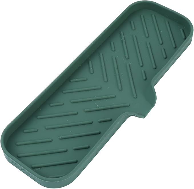 MicoYang Silicone Soap Dish with Drain Spout — Self-Draining Double Sink Organizer Tray for Kitchen & Bathroom, Dispensers, Sponges & Soap Holder, Non-Slip & Dishwasher Safe, Green (Large, 12"×4")