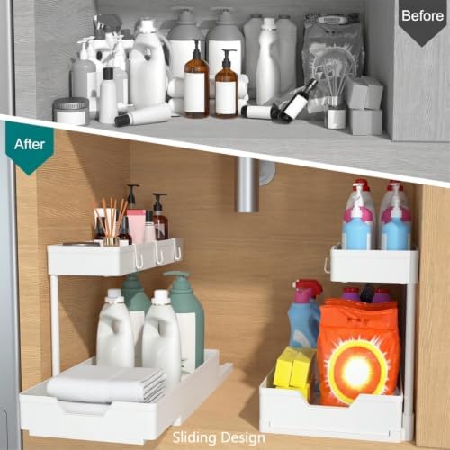 NATURE'S SOURCE 2-Tier Under Sink Organizers and Storage 2 Pack Sliding L-shape Under Cabinet Organizers For Narrow Space Multi-purpose Sink Organizer for Bathroom Kitchen Drawer(White 2 Pack)