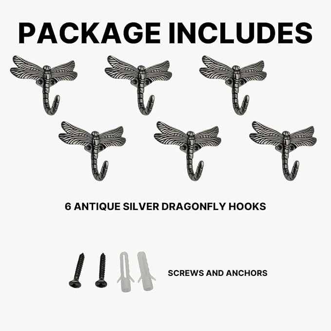 6 pcs Antique Silver Dragonfly Decorative Wall Hooks for Hanging Coats, Keys, Towels, Bags, and More