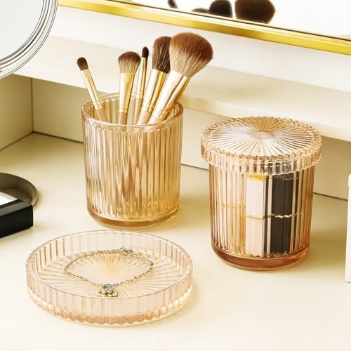 Glass Qtip Dispenser 2 Pack, Clear Bathroom Storage Organizer for Cotton Swabs, Balls, Pads & Floss Picks, Vanity Makeup Essential Accessories (Amber)