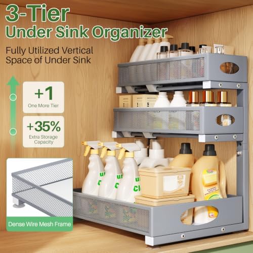 Kitstorack Under Sink Organizer 3-Tier Slide Out Drawer 2-Pack Grey