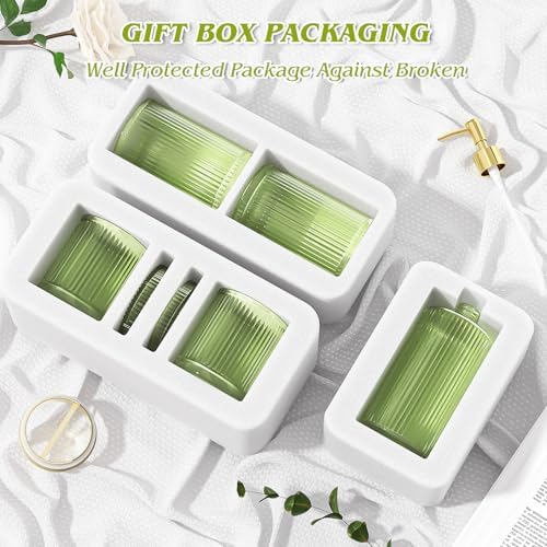 BSSN 5-Piece Green Glass Bathroom Accessories Set - Vintage Ribbed Thick Glass - Includes Soap Dispenser, Toothbrush Holder, Tumbler, 2 Q-tip Jars - Retro Bathroom Counter Organizer & Decor