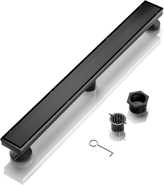 BARONAGE 32 Inch Linear Shower Drain, Rectangle Shower Floor Drain with 2-in-1 Flat & Tile Insert Cover, 304 Stainless Steel Bathroom Drains with Hair Catcher and Leveling Feet (Matte Black)