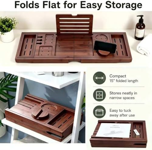 Bamboo Bathtub Tray, Expandable Foldable Bath Caddy, Walnut