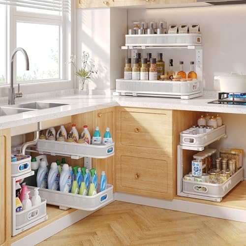 2 Pack 19.3IN-Depth Under Sink Organizer with Smooth Cylindrical Rail,2-Tier Pull Out Multi-Purpose Cabinet Storage for Bathroom&Kitchen,Height Adjustable,Rust-Resistant Coating-White