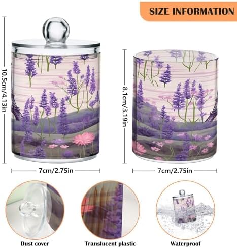 Eiffel Tower Lavender (2) 4 Pack Clear Plastic Qtip Holder Dispenser Set,Bathroom Storage Canister for Cotton Swabs, Balls, Dental Floss,Pads,Organize with Apothecary Jars