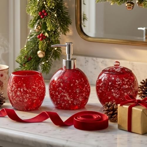 LUANT 3-Piece Resin Bathroom Accessory Set with Dispenser, Tumbler, Cotton Holder Red