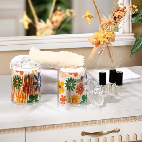 Fustylead 4 Pack Groovy Vibrant Bohemian Colorful Daisy Flowers Qtip Holder Dispensers, Bathroom Storage Canister Plastic Apothecary Jar Set for Cotton Swabs, Ball, Pads, Floss
