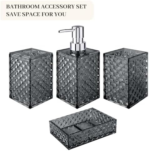 Bathroom Accessory Set, Grid Pattern 4 Pcs Plastic Bathroom Set, Grey