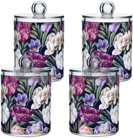 White and Purple Tulips Qtip Dispenser Set of 4, Clear Apothecary Plastic Jars Clear Bathroom Storage Containers for Cotton Pads, Cotton Ball, Cotton Swabs, Floss Picks 10 Oz