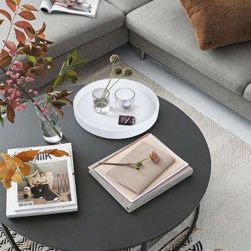 HofferRuffer Round Decorative Tray, Faux Leather Vanity Tray Decor, Decorative Catchall for Perfume, Bathroom Valet, Nightstand or Dresser (White Stripe, Round-12" x 12" x 1.6")