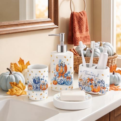 4 Pcs Fall Chinoiserie Ceramic Bathroom Accessories Blue and White Pumpkin Lotion Soap Dispenser, Toothbrush Holder, Tumbler, Soap Dish for Autumn Thanksgiving Bathroom Decorations Gifts