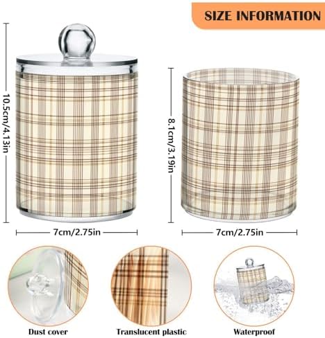 ALAZA 2 Pack Qtip Holder Brown Beige Plaid Pattern, Cotton Swab Dispenser with Lid Bathroom Containers Canister Organizer Storage Jar
