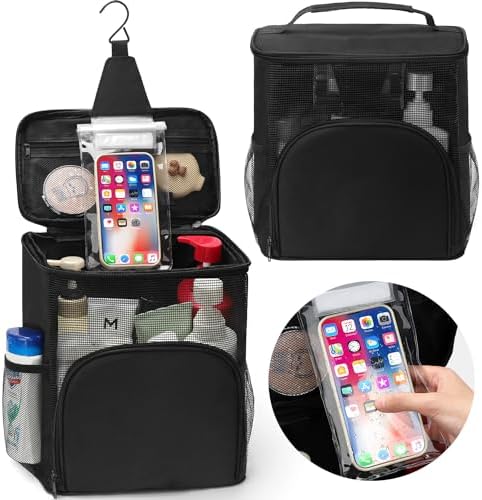 EIMMBD Hanging Shower Bag, Shower Caddy Portable Larger Capacity with Phone Storage, Upgraded Shower Tote Bag for College, Dorm,Travel, Gym, Camp, Mesh Shower Caddy for Women, Men(Black)