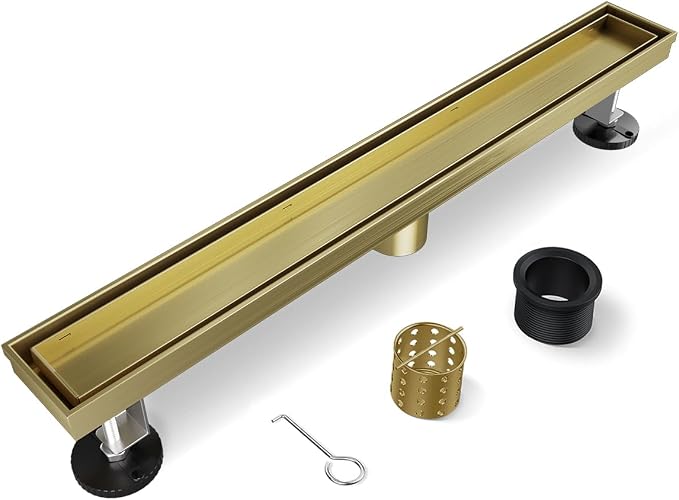 Titanium Gold Shower Drain, 24 Inch Linear Shower Drain with Removable Tile Insert Grate, 2 in 1 Bathroom 304 Stainless Steel Brushed Gold Shower Floor Drain with Adjustable Feet,Hair Strainer