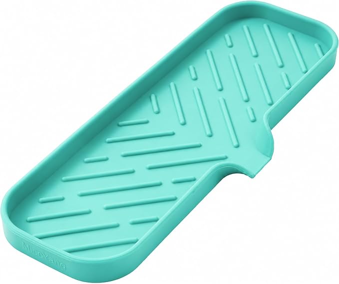 MicoYang Silicone Soap Dish with Drain Spout — Self-Draining Double Sink Organizer Tray for Kitchen & Bathroom, Dispensers, Sponges & Soap Holder, Non-Slip & Dishwasher Safe, Mint (Large, 12"×4")