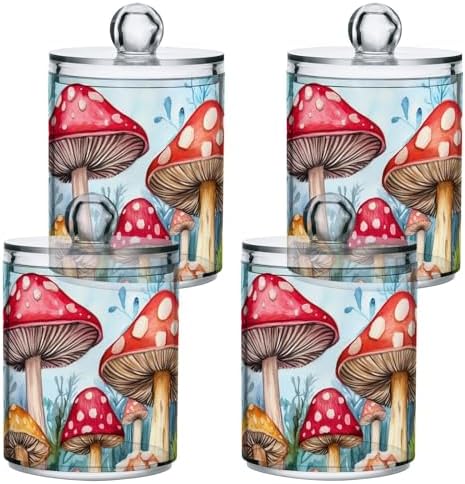 Fustylead 4 Pack Watercolor Colorful Mushrooms in Forest Plastic Apothecary Jar Set for Bathroom Storage, Qtip Holder Dispensers for Cotton Ball, Swab, Round Pads, Floss
