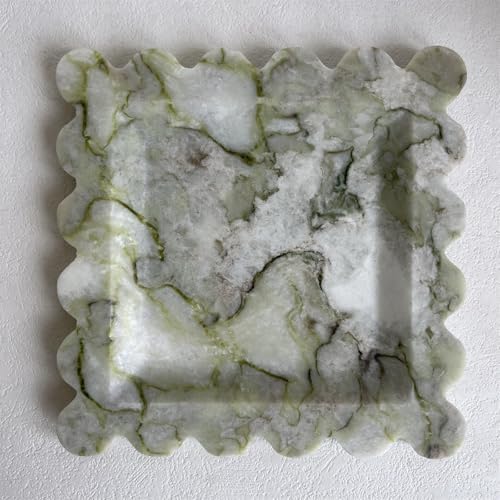 Vintage Natural Marble Tray Small Ornaments Scalloped Tray Handmade Storage Dish for Counter, Vanity, Dresser, Nightstand and Desk (Green Emerald)
