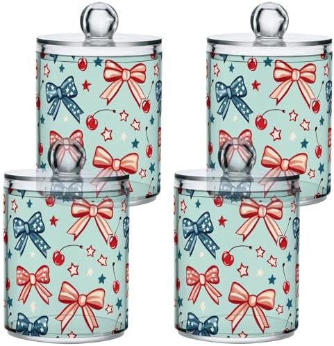 Gredecor 4 Pack Qtip Holder Clear Patriotic Red Blue Bows Cherry Star Apothecary Jars with Lids Acrylic Bathroom Jars Vanity Countertop Canister Storage Organizer for Cotton Ball,Swabs,Pads,Floss