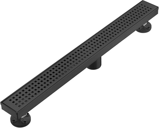 AVSIILE Linear Shower Floor Drain, Matte Black 28 Inch 304 Stainless Steel Bathroom Drains Kit, Long Rectangular Shower Trench Drain with Square Pattern Drain Cover & Hair Catcher
