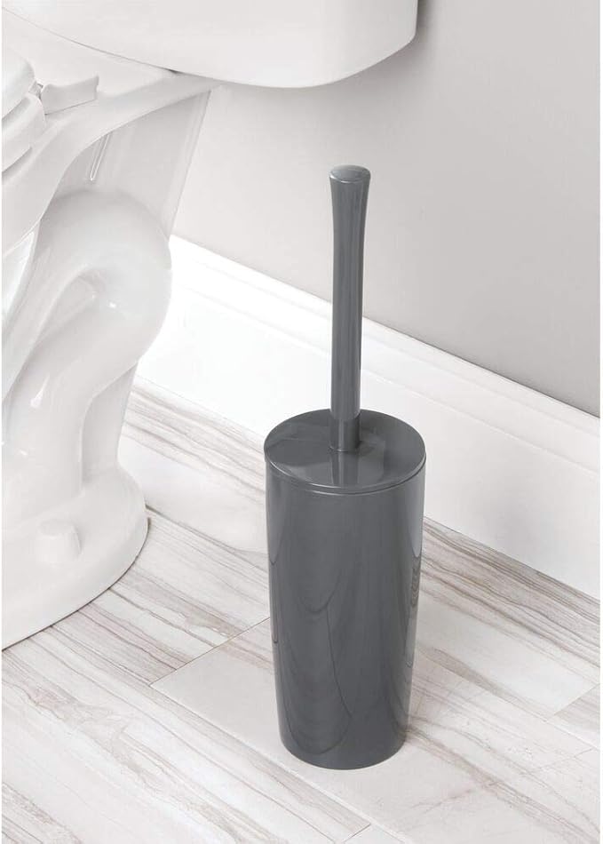 mDesign Slim Plastic Toilet Bowl Brush and Holder Set, Modern Compact Storage Organizer Cleaner Scrubber for Toilet - Heavy Duty Cleaning Plunger for Bathroom, Aura Collection - Charcoal Gray