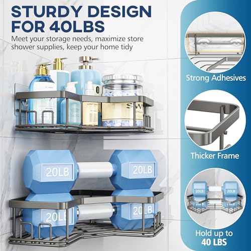 MAXIFFE 3 Pack Corner Shower Caddy with Soap Holder, Large Capacity Sturdy Easy Install No Drilling Stainless Steel Hold 40 LBS Shower Organizer Shelves Rack Storage for Family Renters Bathroom, Grey