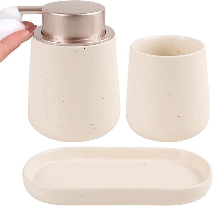 BosilunLife Ceramic Bathroom Accessories Set 3 Pcs | Foaming Soap Dispenser and Toothbrush Holder with Tray, Modern Farmhouse Vanity Decor, Apricot Housewarming Gift