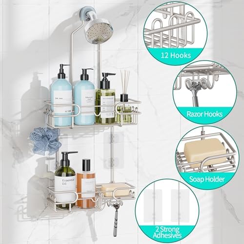HapiRm Hanging Shower Caddy Organizer - Bathroom Organizer with 12 Hooks and Soap Holder, Rustproof Shower Shelf over Shower Head - Brushed Nickel